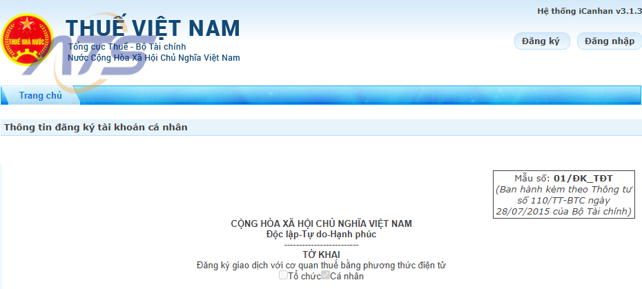 Hệ thống sẽ hiển thị tờ khai “Đăng ký giao dịch với cơ quan thuế bằng phương thức điện tử”