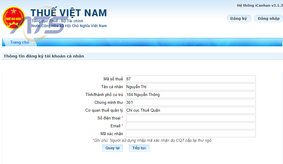 Nhập số điện thoại và email cá nhân để nhận thông báo từ cơ quan thuế