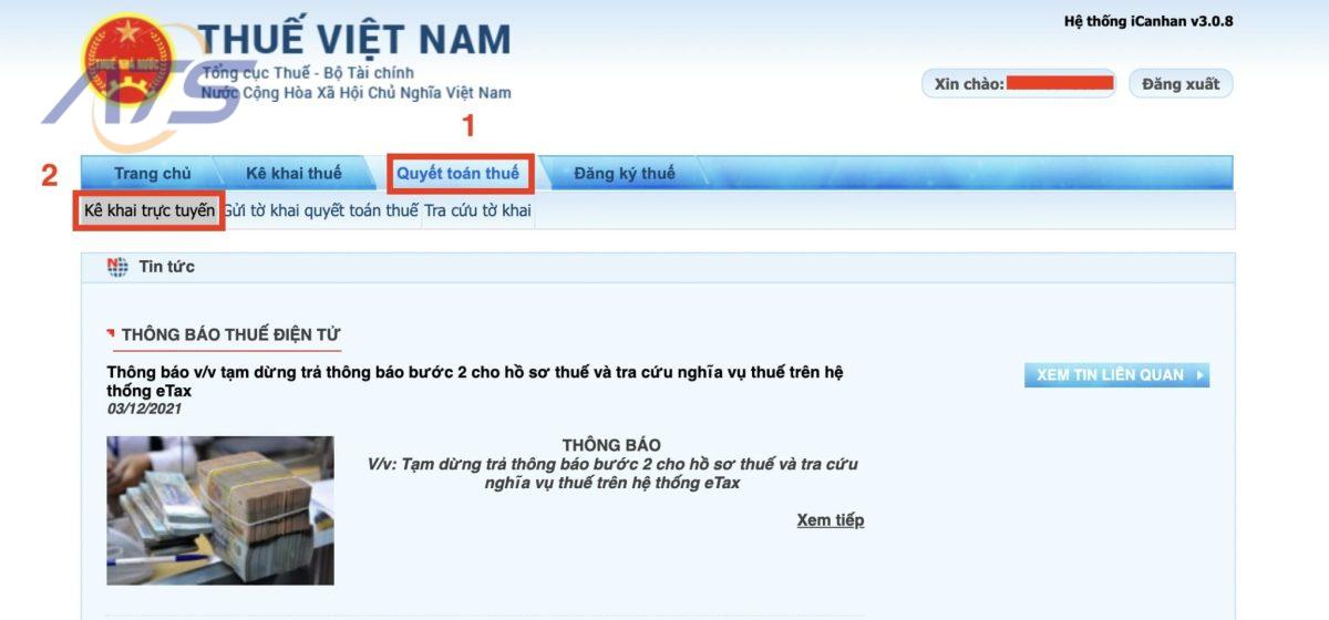 Bước 3: Chọn chức năng kê khai quyết toán thuế