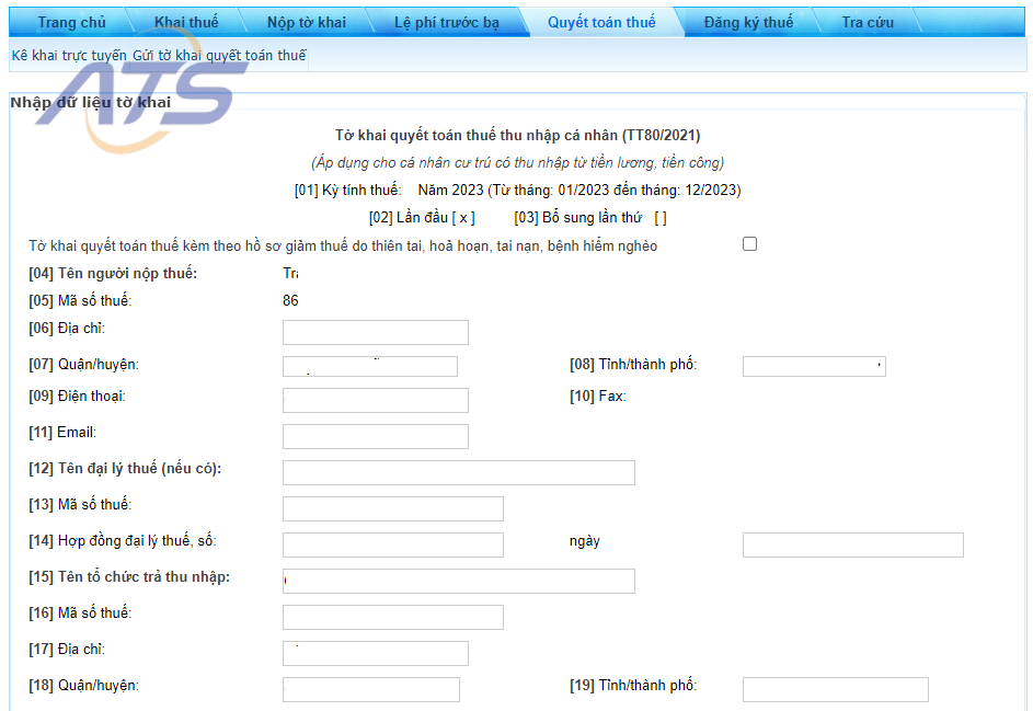 Nhập thông tin cá nhân và đơn vị quản lý thuế