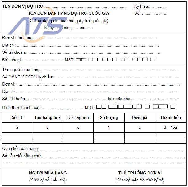 Mẫu hóa đơn bán hàng online dự trữ quốc gia