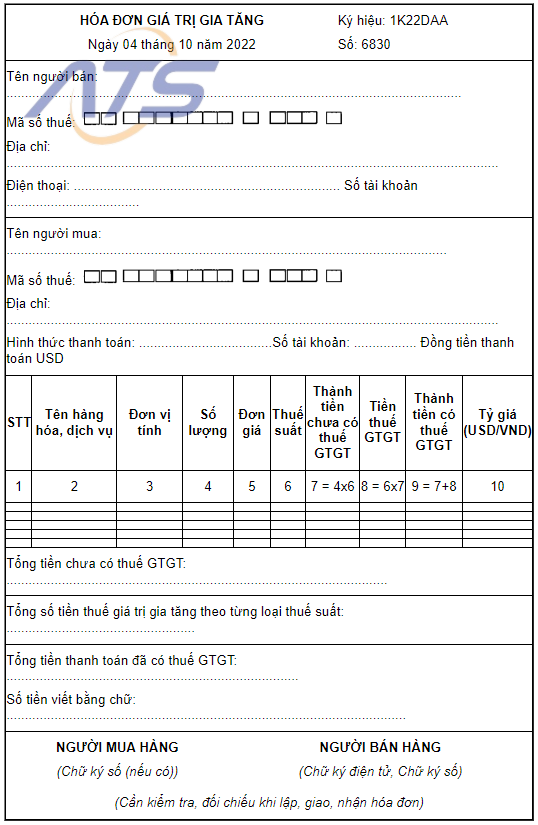 Mẫu hóa đơn điện tử (GTGT) đặc thù bằng ngoại tệ
