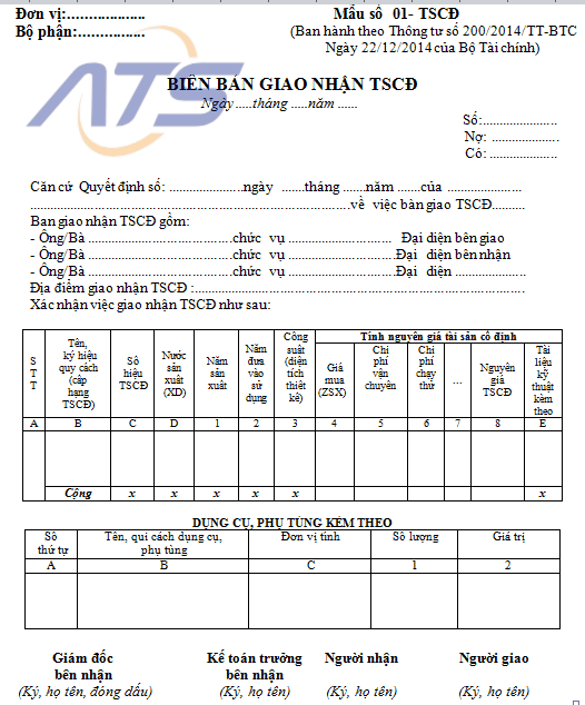 Mẫu biên bản bàn giao tài sản cố định theo thông tư 200 và 133
