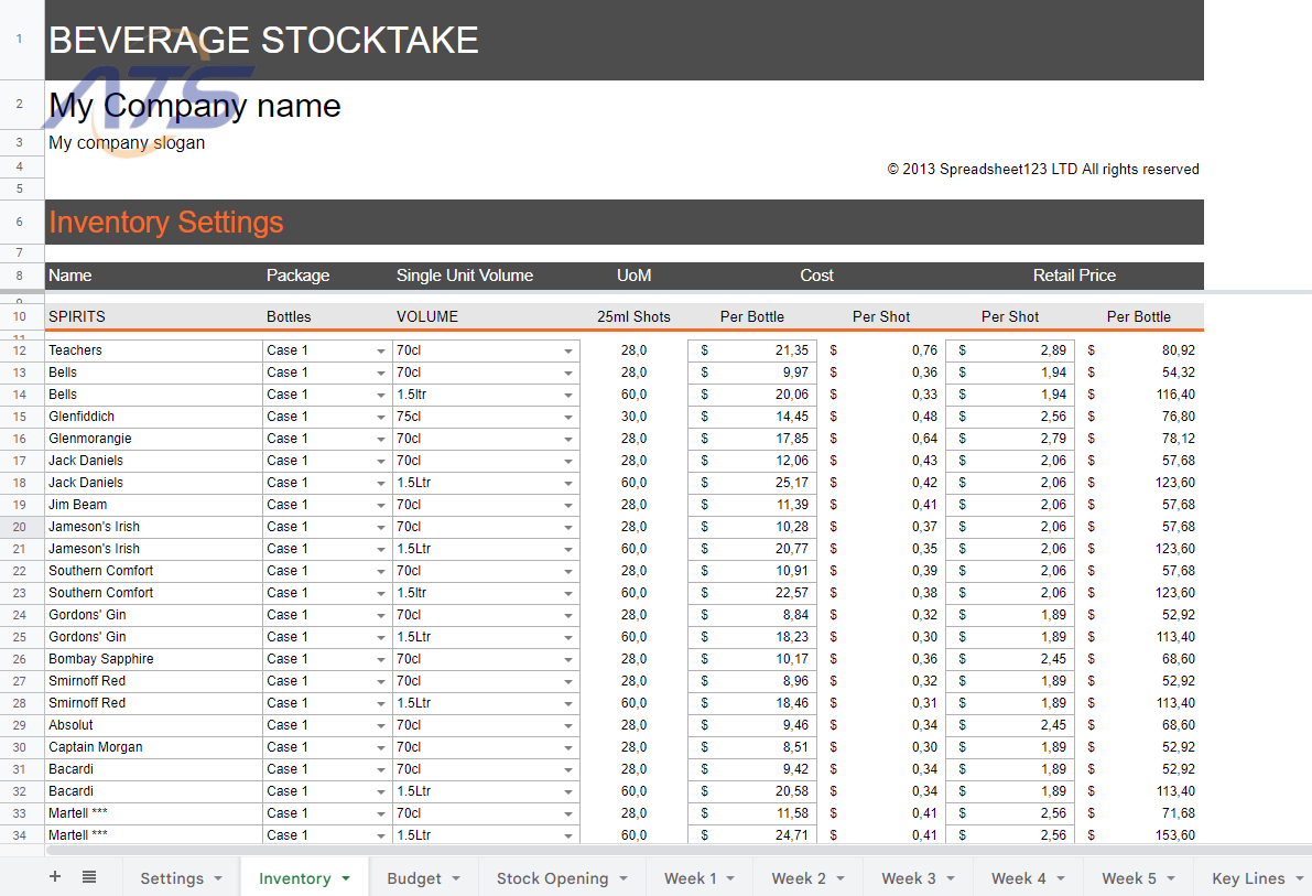 Mẫu 03: File quản lý nhập – xuất – tồn kho bằng Excel với đồ uống