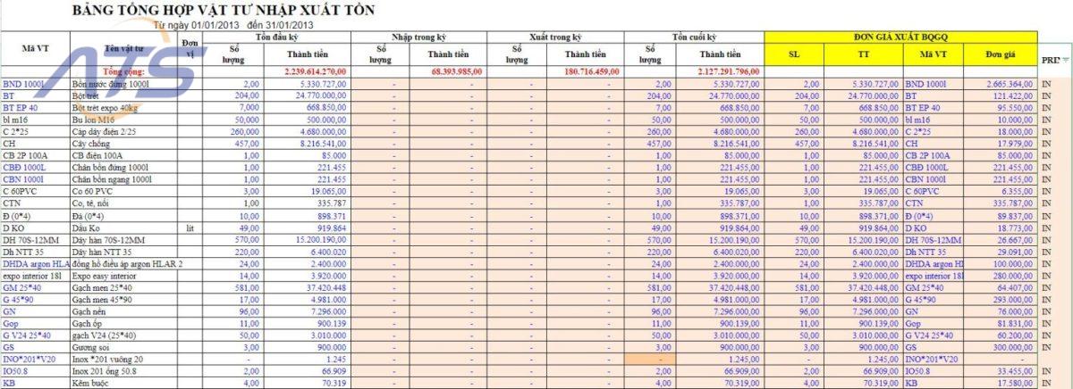 Mẫu 07: File báo cáo xuất nhập tồn kho bằng Excel tích hợp công thức
