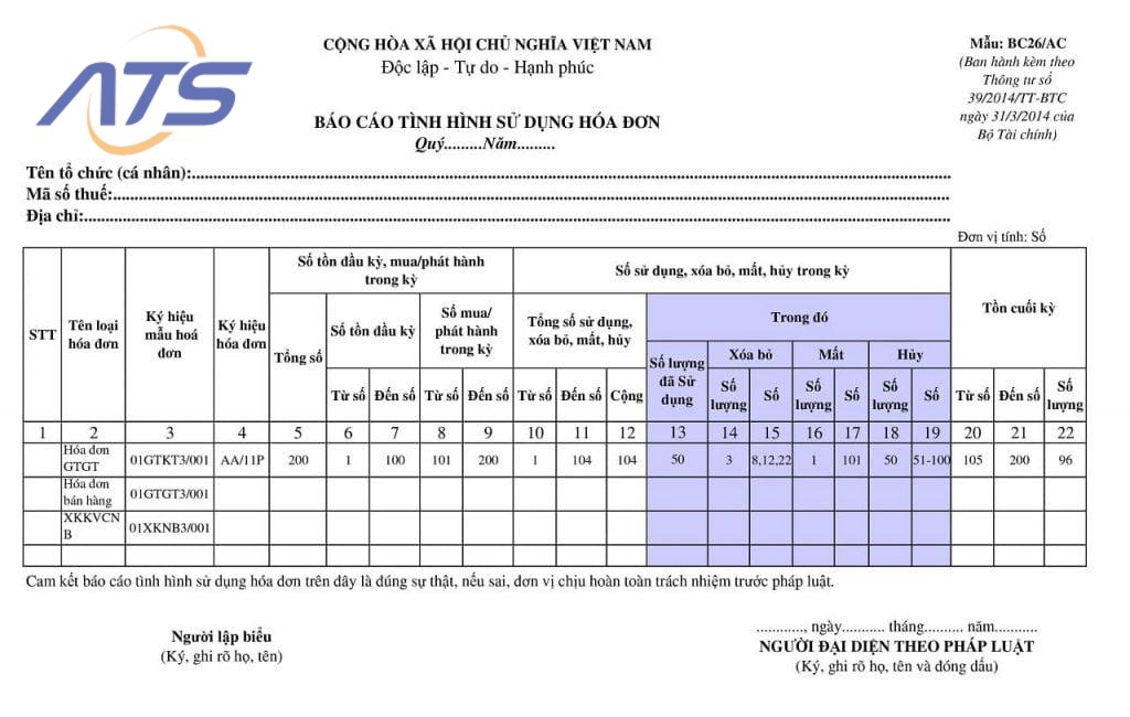 Báo cáo tình hình sử dụng hóa đơn theo quý