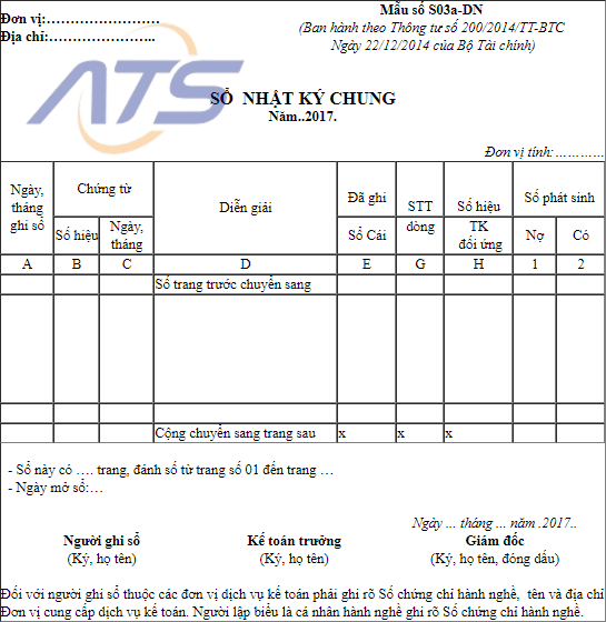 Mẫu sổ Nhật ký chung theo Thông tư số 200/2014/TT-BTC