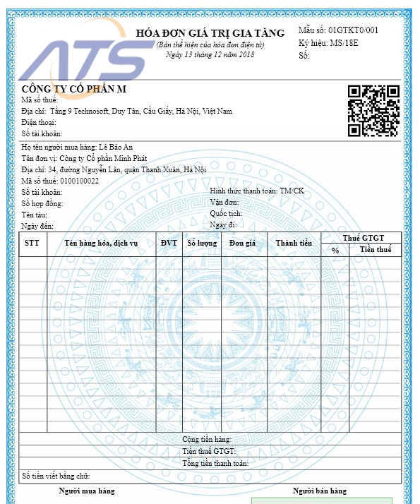 Mẫu hóa đơn điện tử áp dụng trong lĩnh vực vận tải