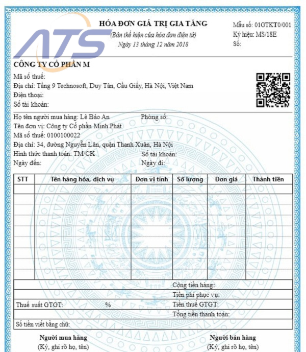 Mẫu hóa đơn điện tử áp dụng trong lĩnh vực giáo dục