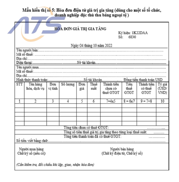 Mẫu hóa đơn điện tử GTGT bằng ngoại tệ (mẫu số 05)