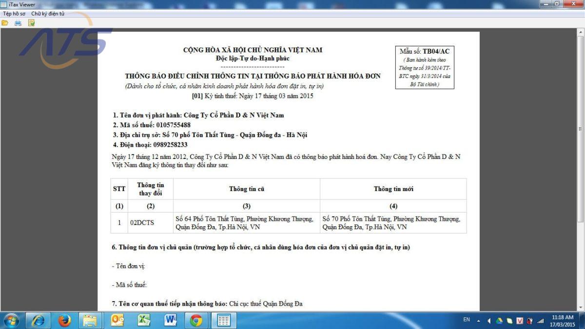 Mẫu thông báo thay đổi thông tin xuất hóa đơn