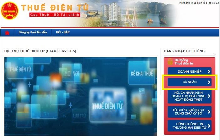 Bước 1:  Truy cập website: https://thuedientu.gdt.gov.vn/. Chọn mục “Cá nhân” để tiến hành đăng nhập.