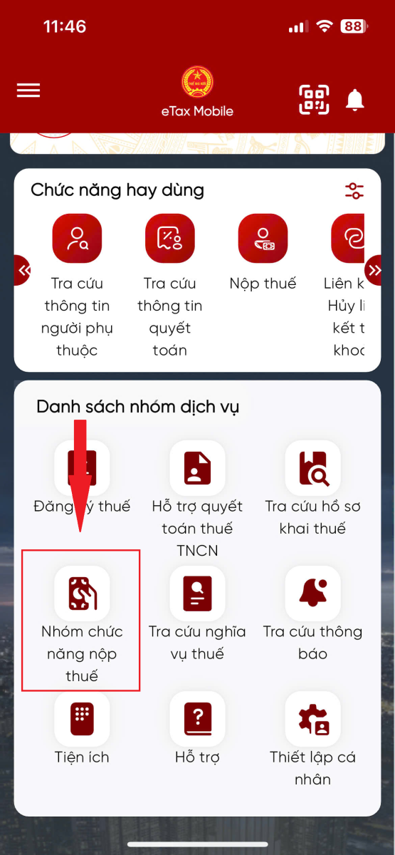 Bước 1:  Mở ứng dụng eTax Mobile → chọn “Nhóm chức năng nộp thuế”.