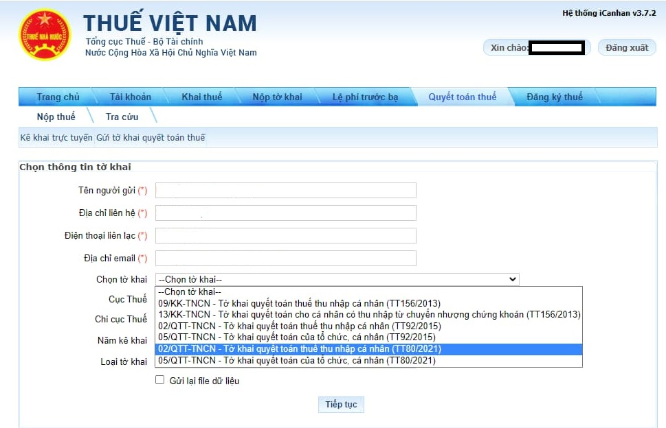 Bước 4: Chọn mẫu tờ khai 02/QTT-TNCN – Tờ khai quyết toán thuế thu nhập cá nhân (theo Thông tư 80/2021/TT-BTC). Nhập đầy đủ dữ liệu theo biểu mẫu: thông tin cá nhân, thu nhập, các khoản giảm trừ, số thuế đã nộp, và số thuế đề nghị hoàn.