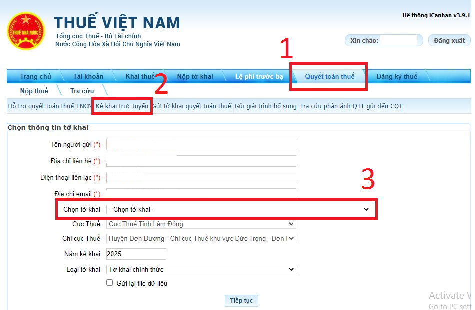 Bước 3: Chọn menu “Quyết toán thuế” → “Kê khai thuế trực tuyến”.