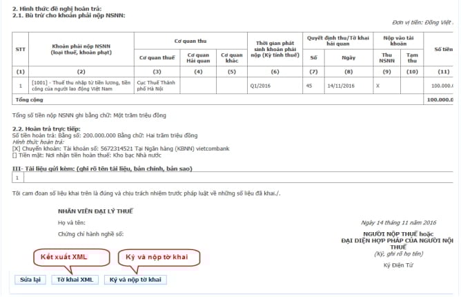 Bước 6:  Chọn “Kết xuất tờ khai XML” để tải về bản đề nghị hoàn thuế định dạng .xml.