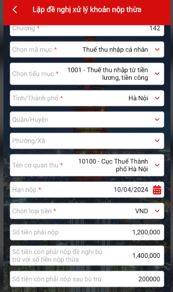 Bước 6:  Nhập chi tiết các khoản tiền đề nghị bù trừ hoặc hoàn trả: