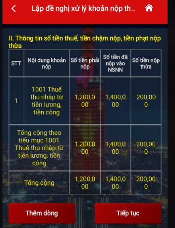 Bước 5:  Hệ thống hiển thị số tiền thuế, tiền chậm nộp, tiền phạt còn dư.