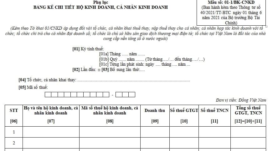 Bảng kê chi phí kinh doanh