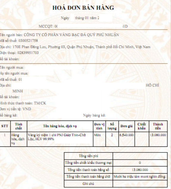 tịch thu vàng không có hóa đơn